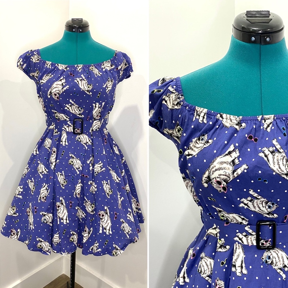 Ayli Cats in Sunglasses 1950s Vintage Style Swing Dress with Belt